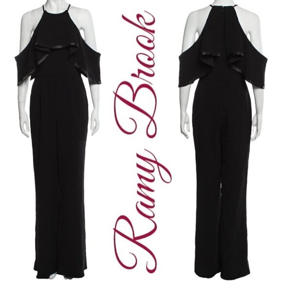 NWT RAMY BROOK Estelle Luxe Crepe Cold Shoulder Black Wide Leg Jumpsuit, Size XS - Picture 1 of 9